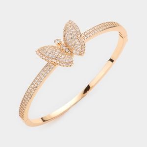 Gold Metal Butterfly Bracelet Bangle Statement Hinged Rhinestone Crystal